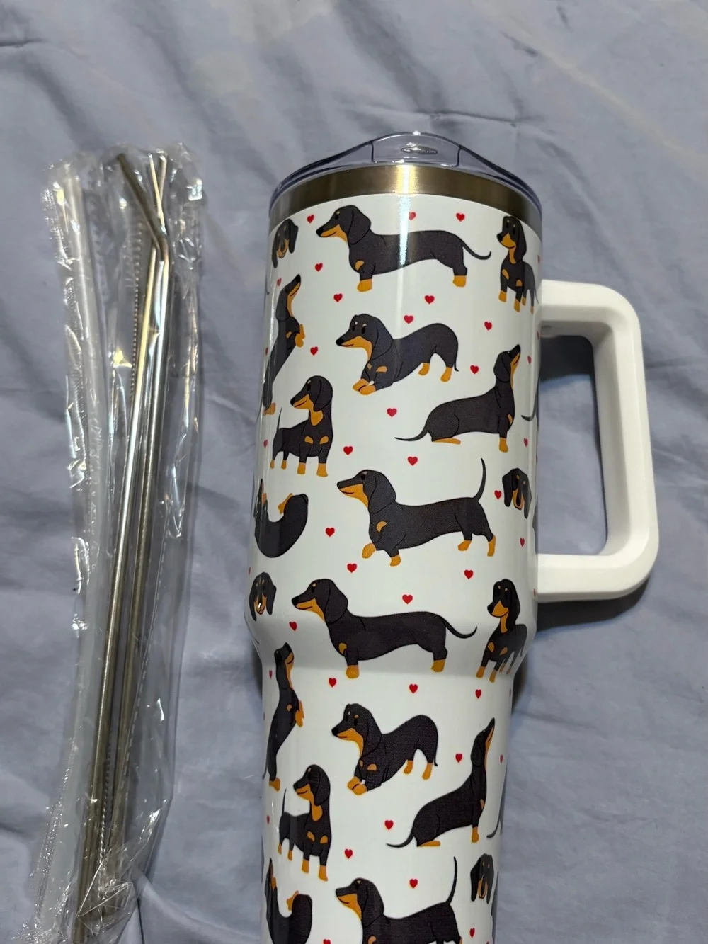 Dachshund Print White Travel Mug with Handle - Pets Dog